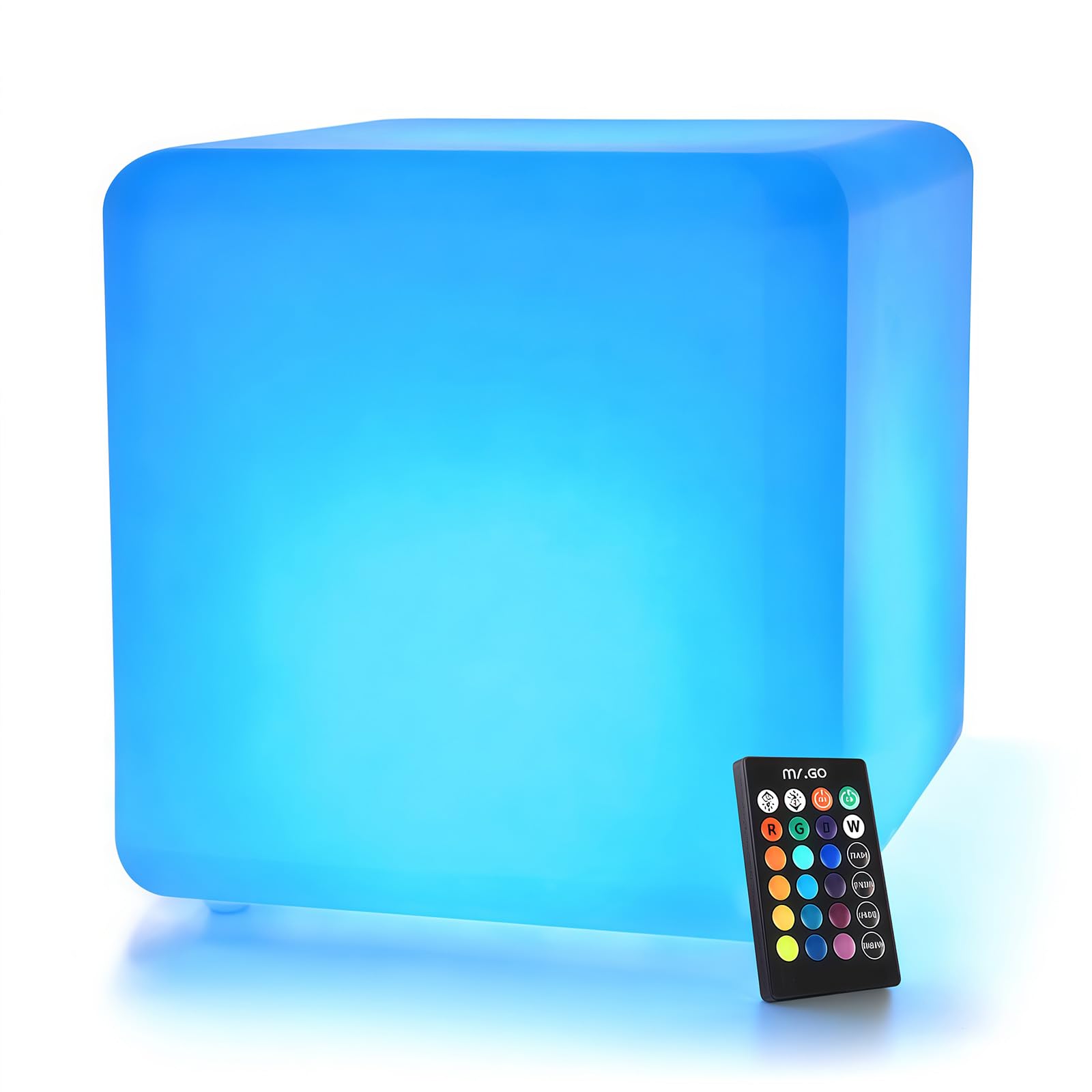 Mr.Go 12" Rechargeable Night Light Glowing LED Cube Stool, 16 Static Colors, 8 Dimmable Brightness, Colour Change Mood Light Rgb Cube Table Waterproof Garden Light with Remote for Indoor Outdoor Decor — image 1