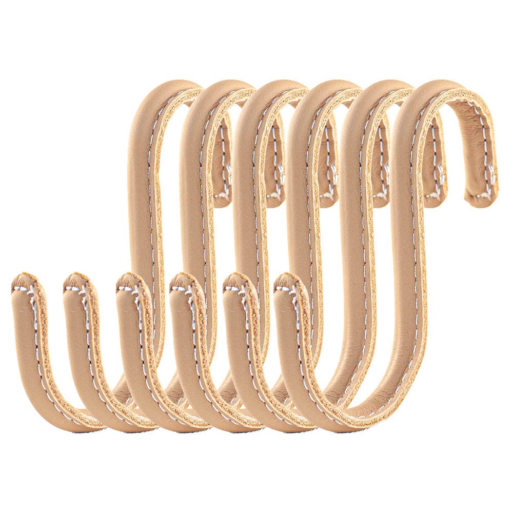Brute Strength - S Shaped Hooks Wrapped in Full Grain Leather - 6 pcs - Natural - 10 cm Stainless Steel Metal Hangers Hanging Hooks for Kitchen, Work Shop, Bathroom