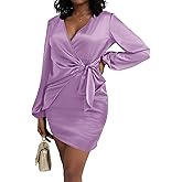 LYANER Women's Satin Silky Wrap V Neck Tie Waist Long Sleeve Mini Short Dress