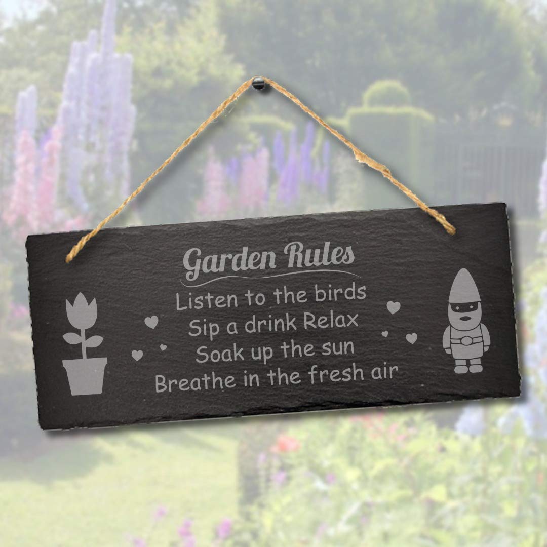 Stukk Garden Rules Listen to The Birds Hanging Outdoor Sign, Natural Engraved Slate Stone Plaque, 30x12cm