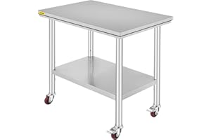 VEVOR 36x24x33.5 inch Stainless Steel Work Table with Wheels Prep Table with casters Heavy Duty Work Table for Commercial Kit