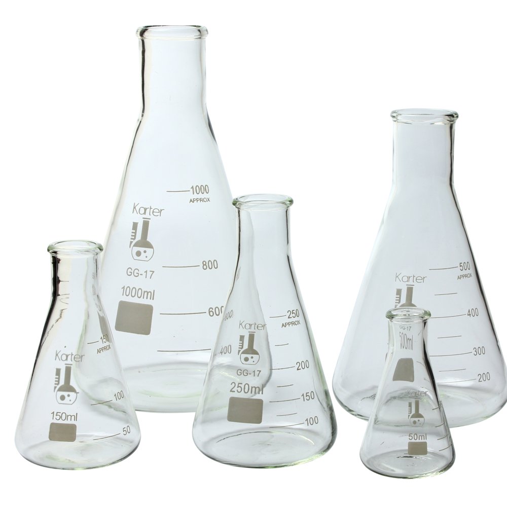Karter Scientific Glass Flask 5 Piece Set, Narrow Mouth Erlenmeyer, Borosilicate 3.3 Glass - 50ml, 150ml, 250ml, 500ml, 1L, 213B2: Industrial & Scientific