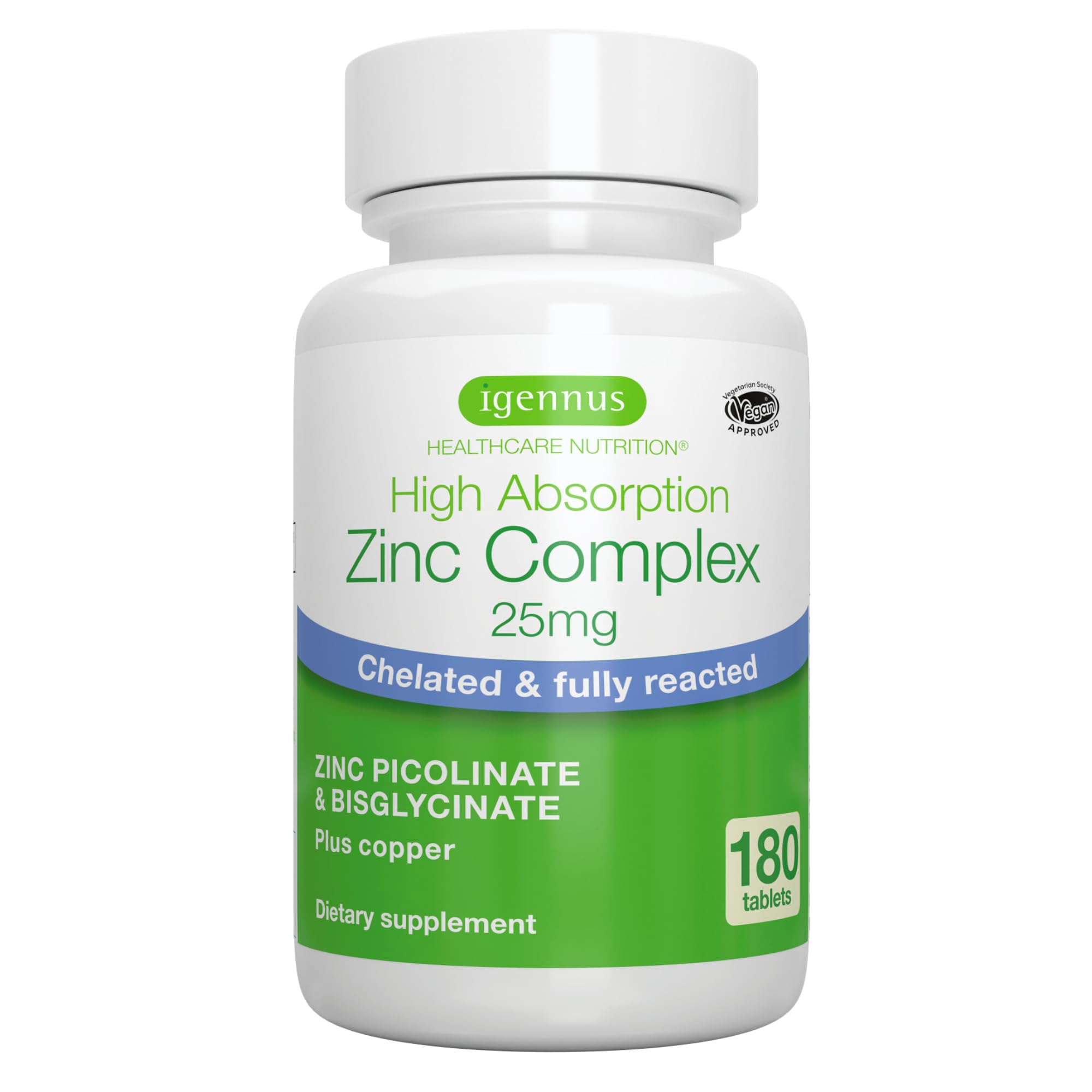 Igennus Chelated Zinc 25mg with Copper, Picolinate & Bisglycinate, Clean Label & High Absorption Complex, Supplement for Women & Men, Vegan, Immune, Skin and Cellular Health, 180 Tablets