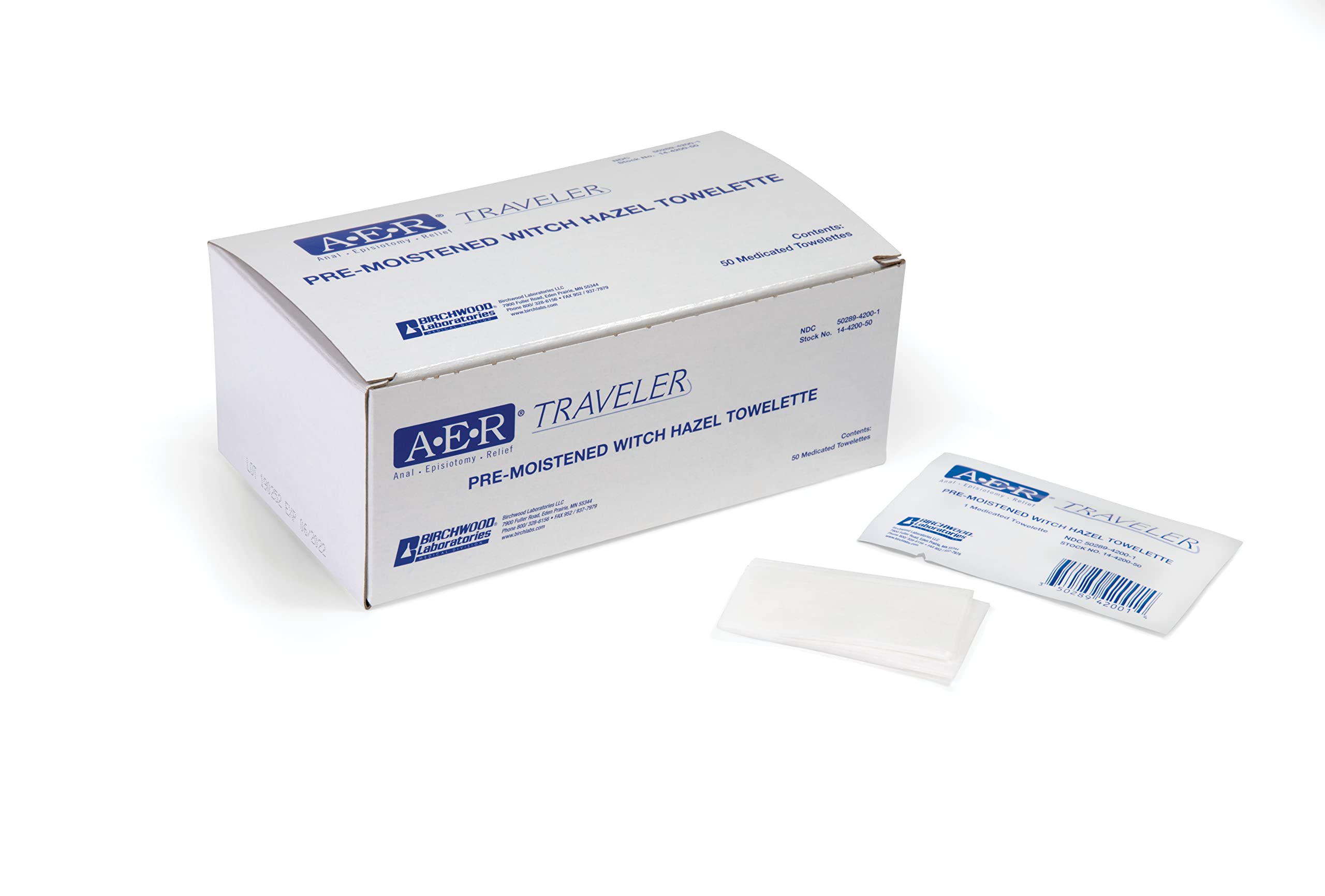 Photo 1 of Birchwood Laboratories 14-4200-50 A.E.R. Witch Hazel Towelettes , Box, 50, Towelettes, 5" x 5"