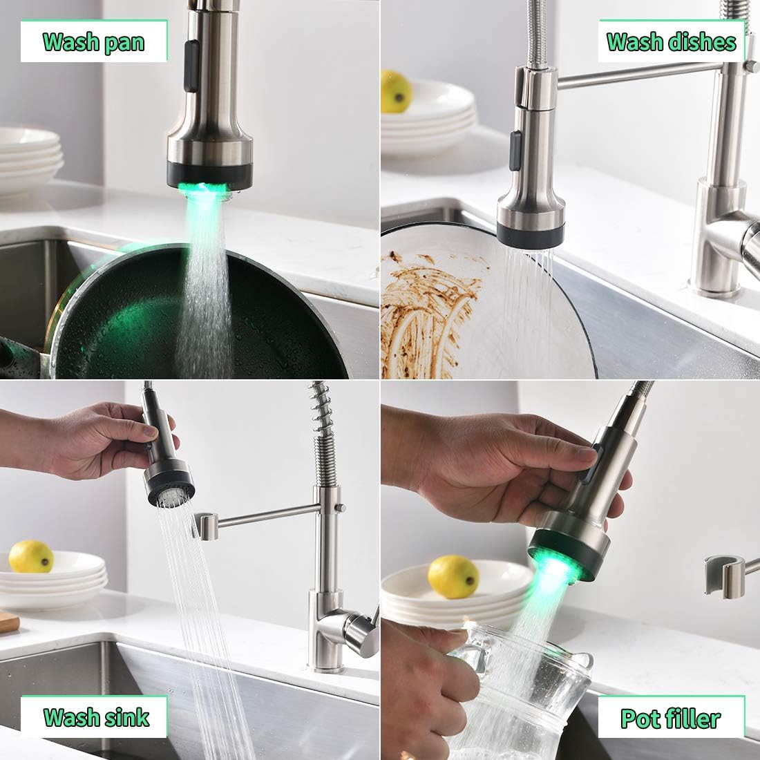 Modern Kitchen Faucet Pull Down Sprayer, Stainless Steel Single Handle Kitchen Sink Faucet with LED Light, Brushed Nickel - - 