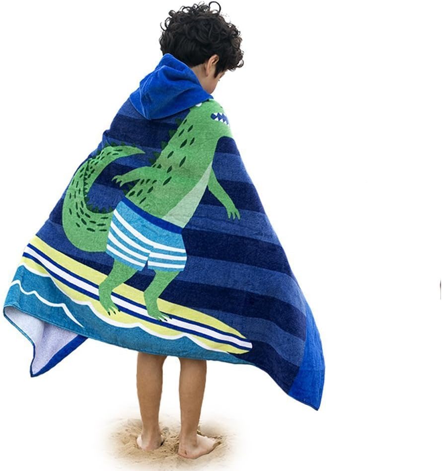 Marlong Kids Cute Cartoon Hooded Beach Pool Bath Towel Large Poncho Swim Beach Towel Gulls & Crocodile Pattern for Boys Girls (Surfing Crocodile)