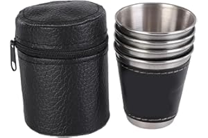 FAVOMOTO Outdoor Camping Stainless Steel Wine Cups with Leather Sleeve 70Ml Portable Drinking Set