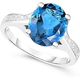 KOKAV Genuine London Blue Topaz 4-1/4 Ct Ring with Diamond in 14K White Gold. Size 7