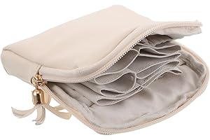Mikikit Travel Jewelry Organizer Bag Lightweight Mini Makeup Pouch Small Purse Beige with Multi-Compartment