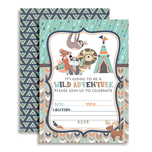 Wild Adventure Tribal Boho Boy Birthday Party Fill in Invitations Set of 20