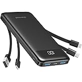 Charmast Power Bank with Built in Cables, 10000mAh USB C Battery Pack 6 Outputs 2 Inputs with LED Display Type C Powerbank Po