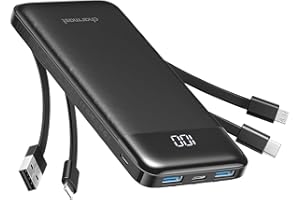 Charmast Power Bank with Built in Cables, 10000mAh USB C Battery Pack 6 Outputs 2 Inputs with LED Display Type C Powerbank Po