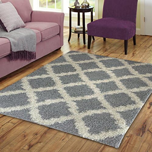Homedora Shaggy Area Rug Fretwork Moroccan Trellis Lattice Design Soft &amp; Pile, Thick Plush Bedroom Living Dining Kids Shag Floor Rug Sleek Gray with Ivory 4' x 6'