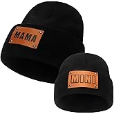 HiXceHiCeng Mama and Mini Hats, 2-Pack Mommy and Me Beanies, Leather Patch Toddler Knit Hats Baby Winter Beanies