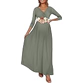 KIM S Maternity Maxi Dress with Flower Sash(S-3XL)/Wrapped Ruched V Neck Photoshoot Baby Shower Dresses