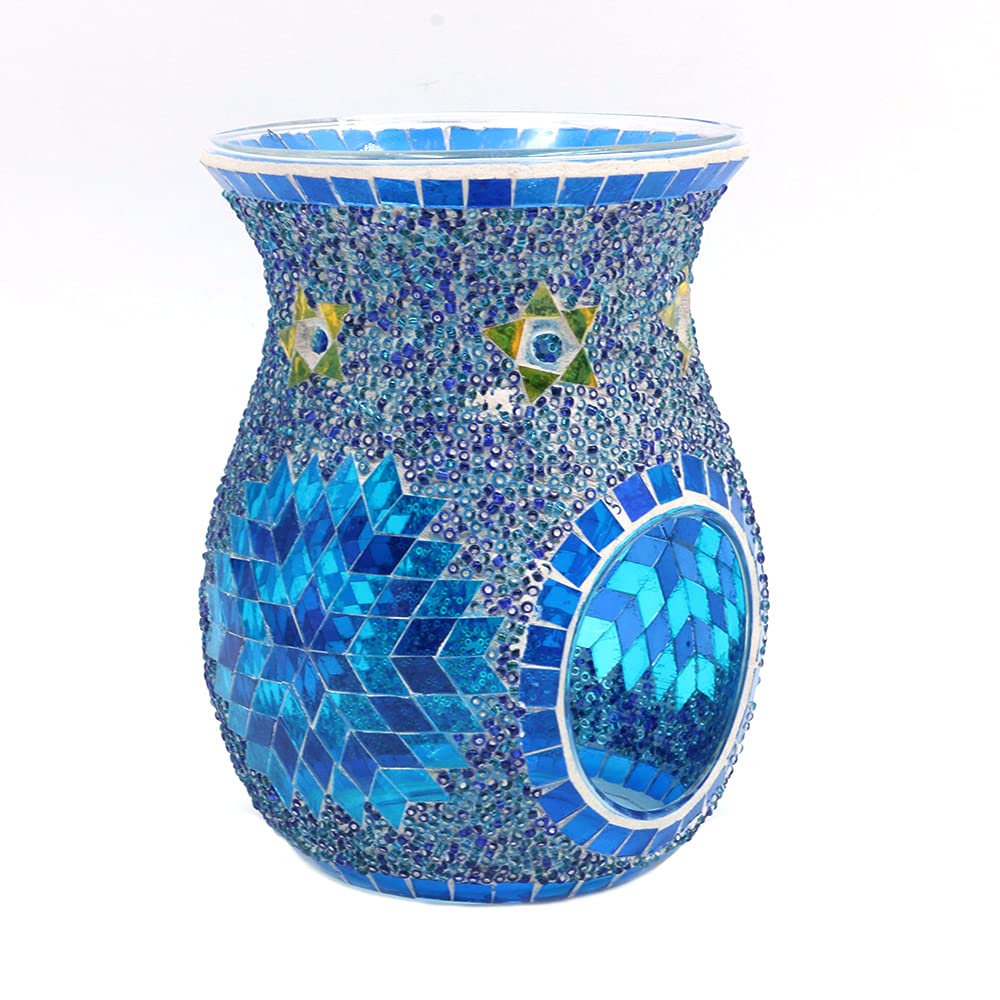 ANCLLO Ethnic Style Sun Flower Mosaic Glass Candle Holder, Table Centerpiece for Home Decor Wedding(Blue)
