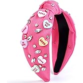 Huachi Valentine’s Day Headbands for Women Trendy Valentine Heart Headbands, Pink Knotted Headband - Top Knot Rhinestone Woman Head Band for Hair, Valentine’s Day Gifts Hair Accessories for Women