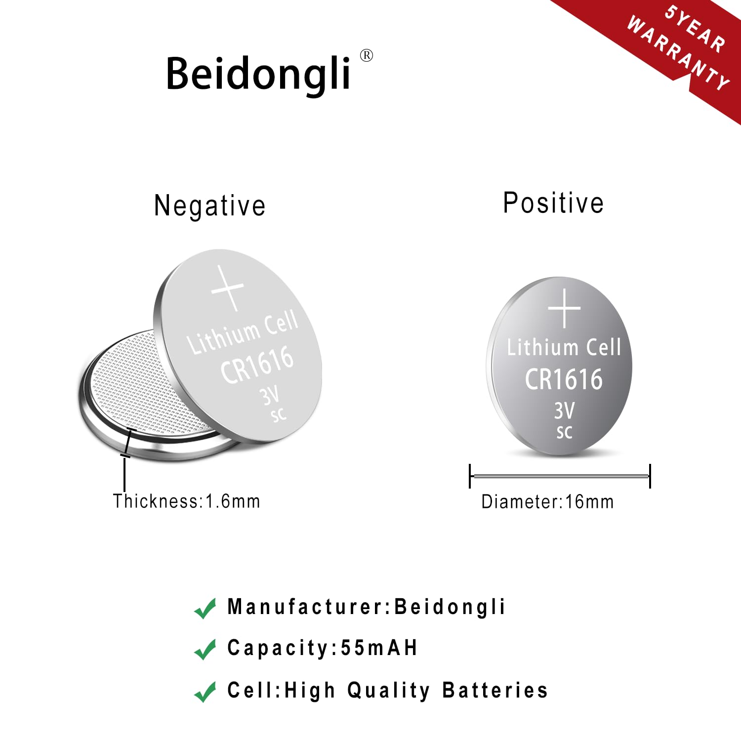 Beidongli CR1616 Battery 3V Lithium Battery Coin Button Cell 10 Pack 【5-Year Warranty】