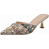DFHASLKLE Women's embroidered pearl low heel mules Fashion Closed pointed toe Comfortable backless Slingback slip-on kitten heel sandals for Party Date Prom Wedding Dressy Slides