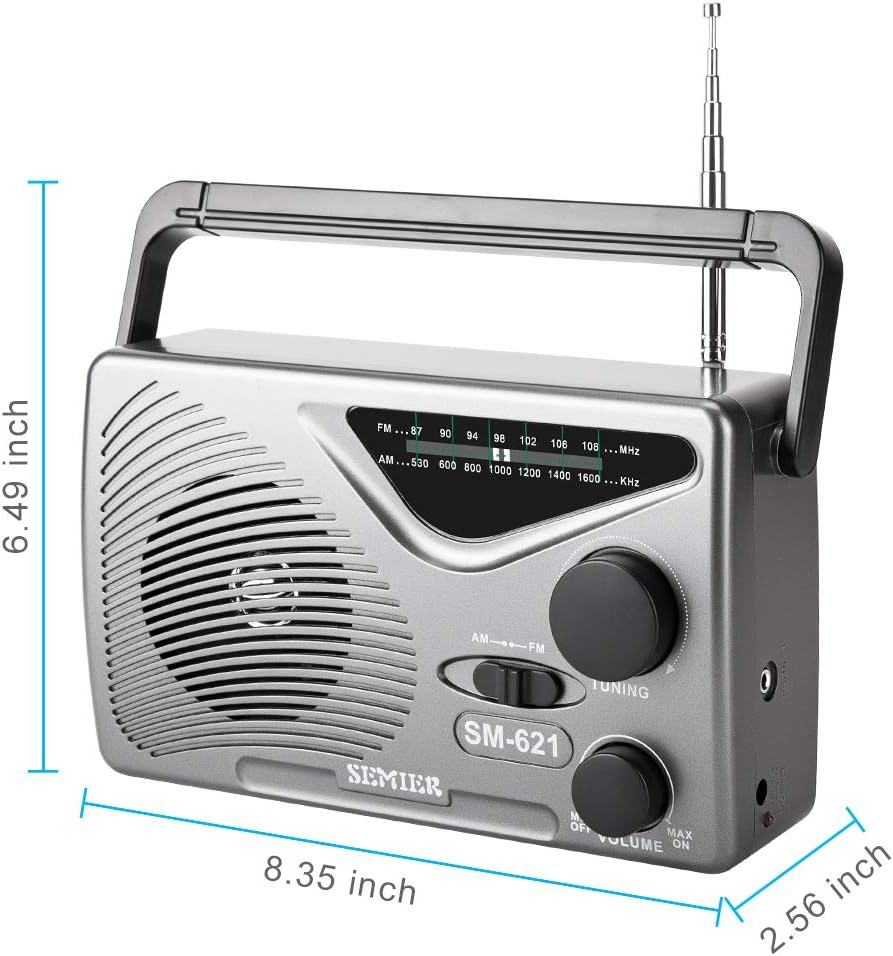 SEMIER AM FM Portable Radio, AC Power or Battery Operated by 2xD Cell Batteries Compact Transistor Radios, Big Speaker, Standard Earphone Jack and Large Knob (Battery not Included): Home Audio & Theater
