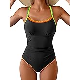 Eomenie Women's One Piece Swimsuit Tummy Control Slimming Bathing Suit Ruched Swimwear Tie Back Shell Stitch Swim Suit
