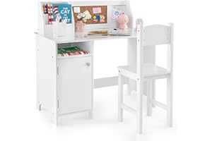 HONEY JOY Kids Desk and Chair Set, Wooden Children School Study Table and Chair w/Whiteboard, Hutch, Storage Shelves, Student