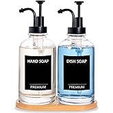 Dish Soap Dispenser for Kitchen, Hand Glass Soap Dispenser Set with Pump, Tray, Funnel for Bathroom, Shower, Laundry, Liquid, Lotion (Black 2 Pack 18 Oz Clear Bottles with 12 Stickers)