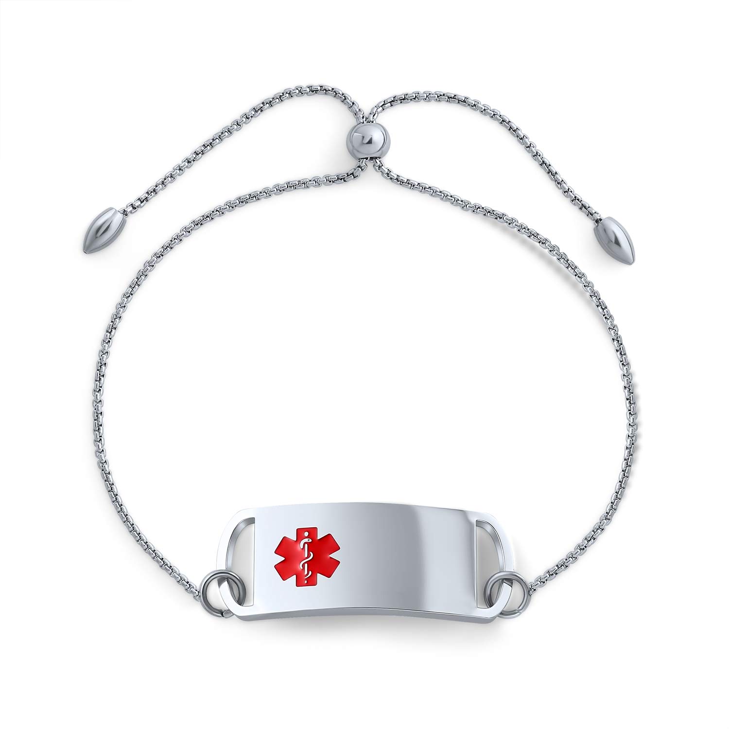 Bling Jewelry Personalize Customizable Name Style Tag Medical ID Box Link Chain Bolo Bracelet thin Adjustable Engrave For Women Teen Silver Tone Stainless Steel