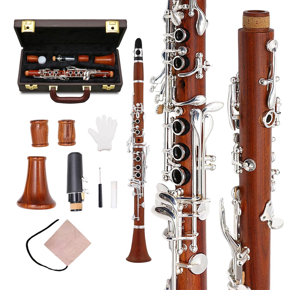 Yinfente Intermediate Eb key Clarinet Rosewood Solid wood Clarinet Silver Plate Eb Key 17 key Case + Reeds + Pads (Eb key)