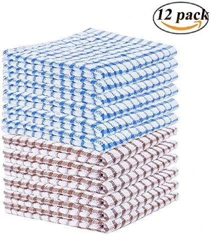 HONEYJOY 100% Cotton Terry Windowpane Kitchen Dish Cloths, 10.6 x 10.6", Set of 12, Multi-Function Ultra Absorbent Kitchen Bar Towels (Blue, Coffee)