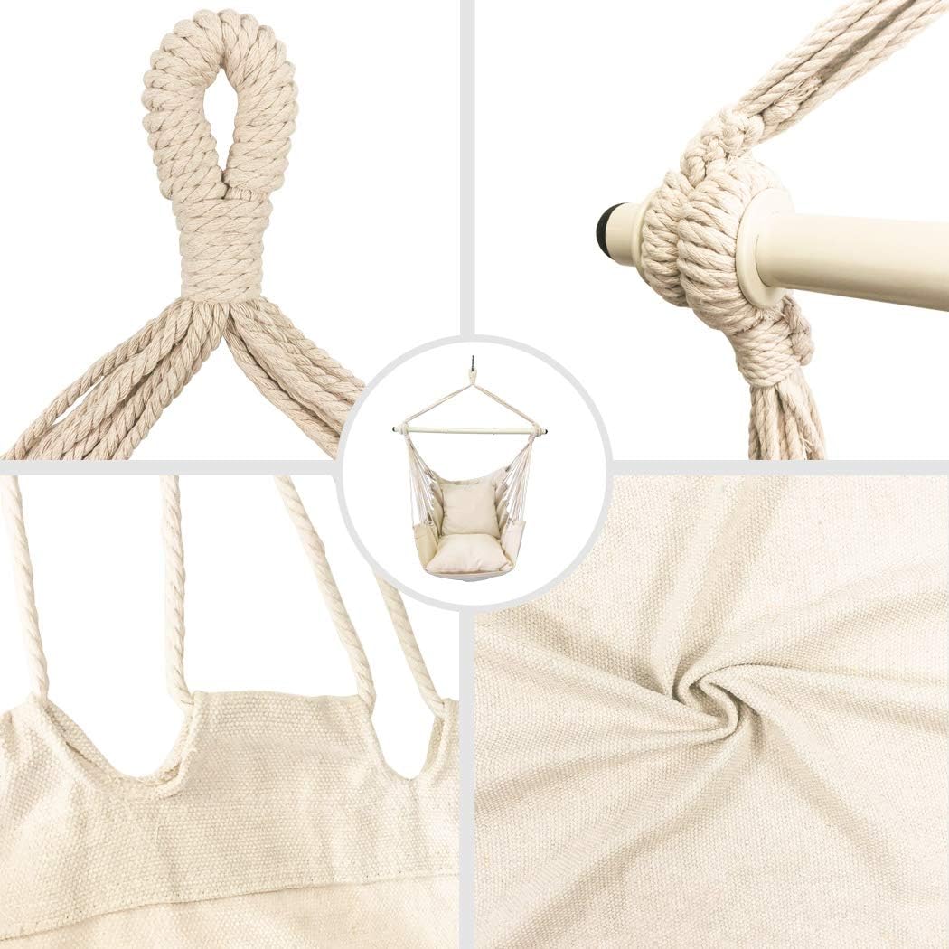 Highwild Hammock Chair Hanging Rope Swing - Max 500 Lbs - 2 Cushions Included - Steel Spreader Bar with Anti-Slip Rings - for Any Indoor or Outdoor Spaces (Beige): Kitchen & Dining