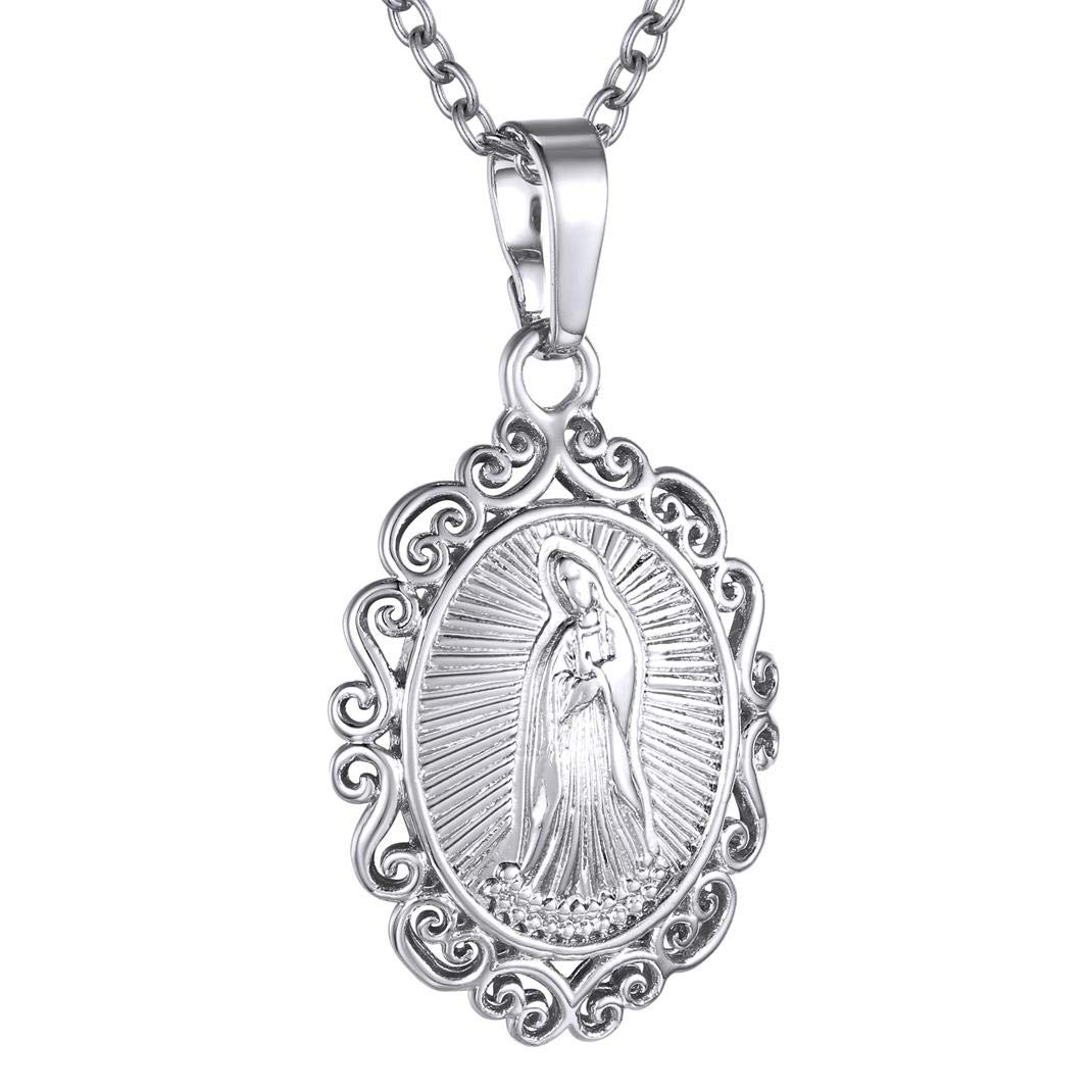 GoldChic Jewelry Oval Miraculous Medal Pendant Necklace with Filigree Border, Platinum Plated C