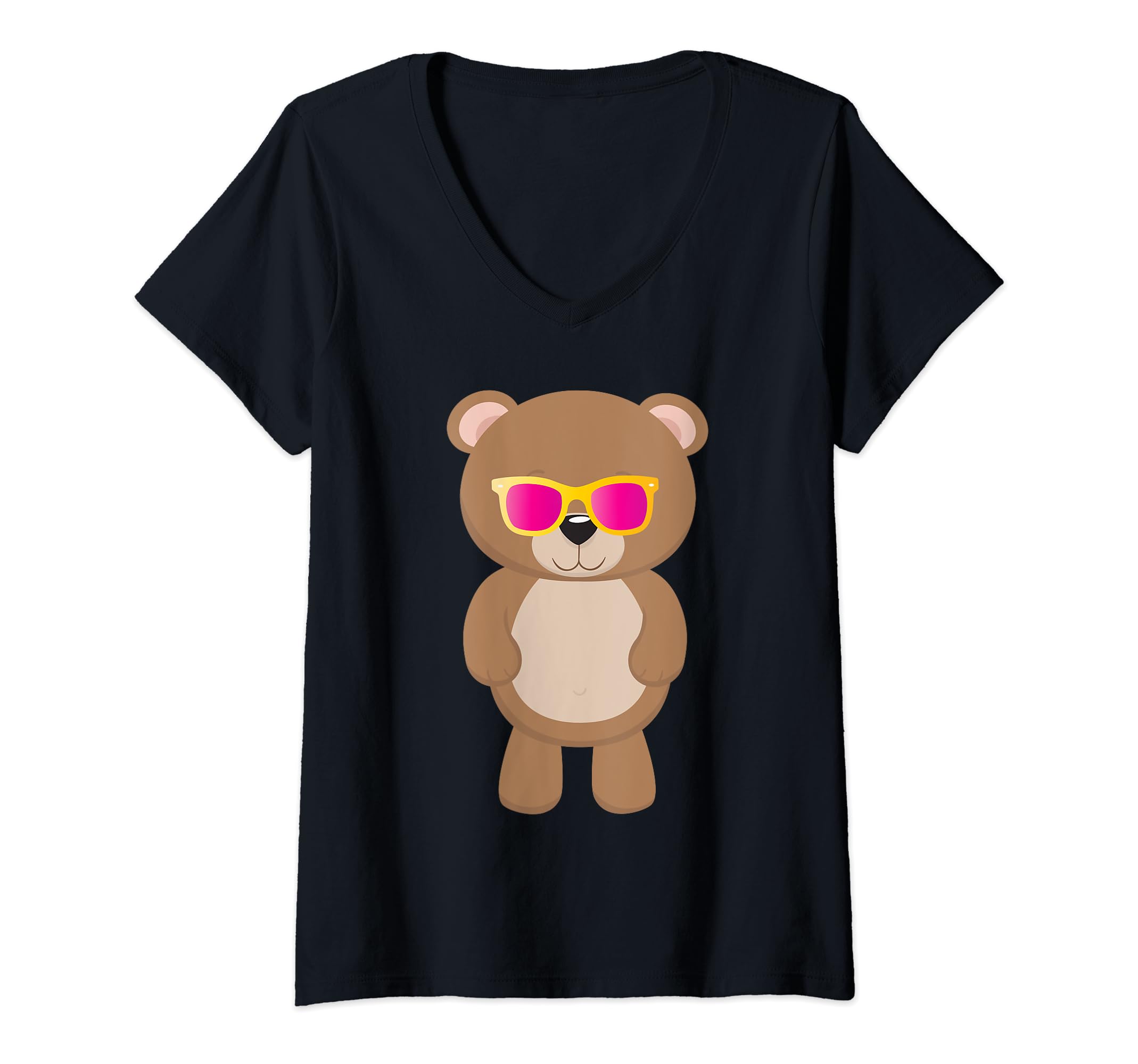 Womens Cute Teddy Bear With Sunglasses Cool Sun Glasses Shades Toy V-Neck T-Shirt