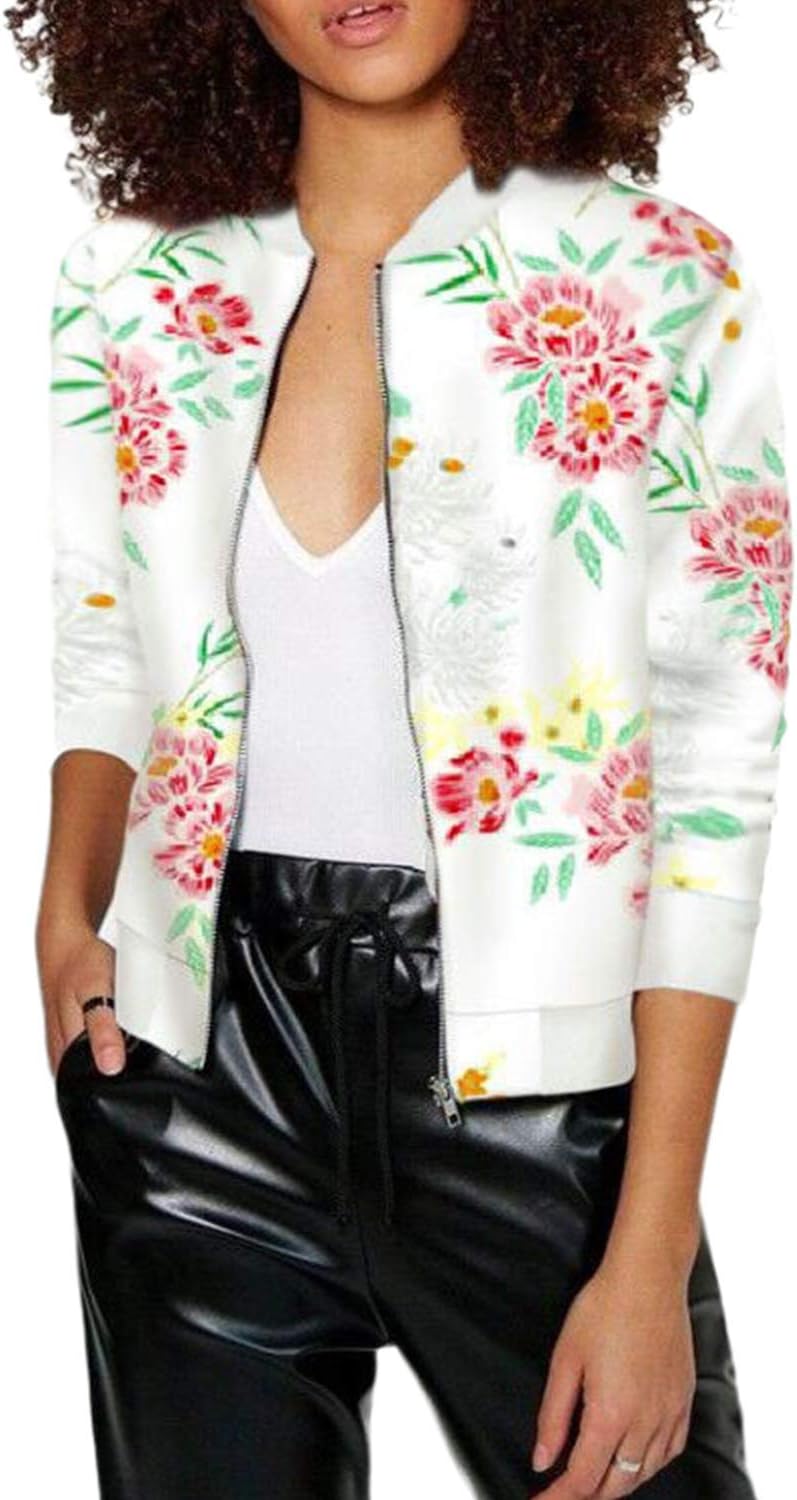 Spring and Fall Floral Bomber Jacket for Women Long Sleeve Short Zipper Jacket with Pockets