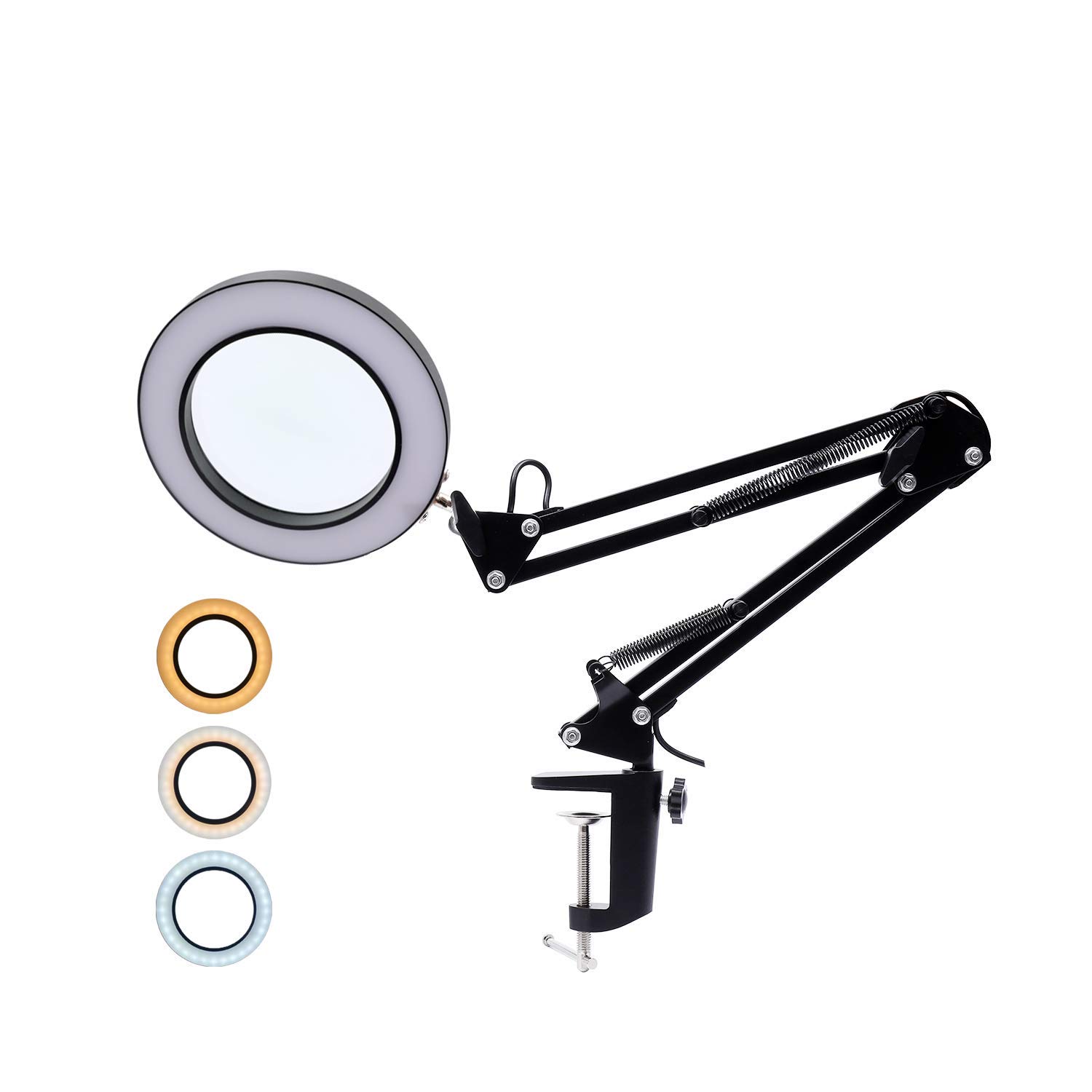 New Flash LED Magnifier Lamp, 5X Magnifying Glass Desk Lamp with Clamp, 3 Colors Illuminated & 10 Dimmable Brightness, USB Powered 250mm Adjustable Metal Swivel Arm Magnifier Light (Black, 12W)