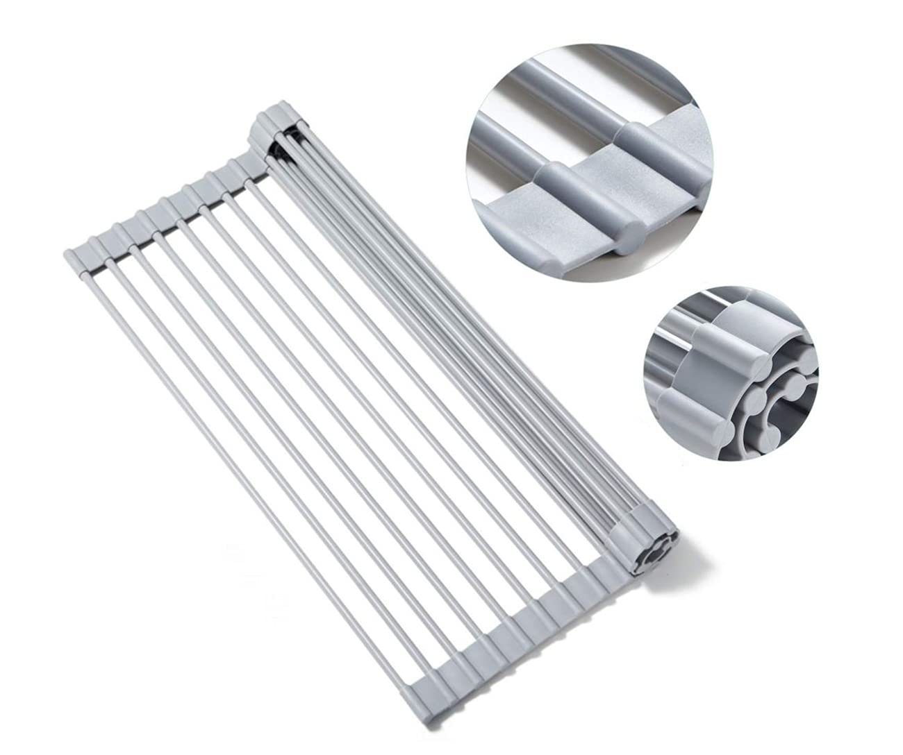 PZiXuaner Roll Up Dish Drying Rack Over The Sink.Large Foldable Kitchen Drainer,Fully Silicone Cover Stainless Steel Bar,Heat-Resistant, Anti-Slip Sink Rack for Kitchen Counter Multipurpose.