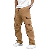 PLEPAN Mens Cargo Pants Casual Straight Leg Drawstring Elastic Waist Athletic Hiking Sweatpants