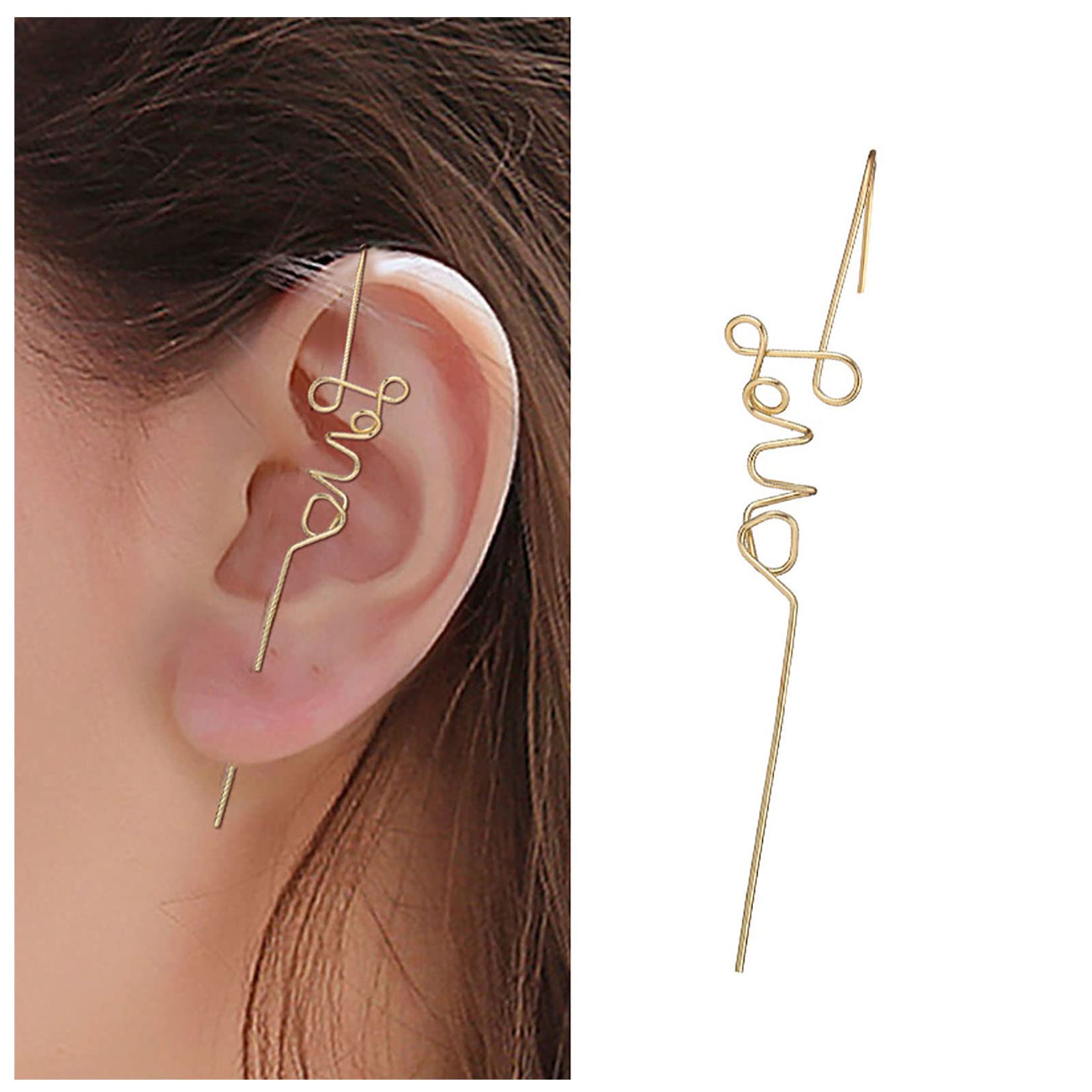 Andelaisi Letter Love Ear Cuff Wrap Earrings Gold Crawler Hook Piercing Jewelry for Women and Girls