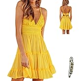 Yazinie Sleeveless Sexy V Neck Backless Dress Bow Tie Lace Swing Mini Short Flowy Dress Spaghetti Strap Dresses for Women Yellow