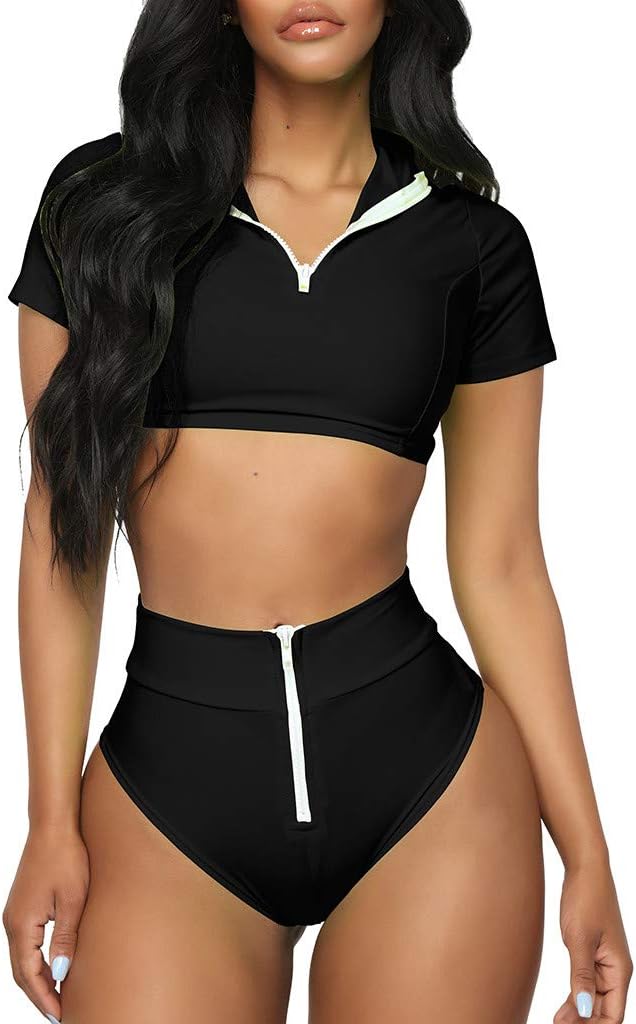 Women's Plus Swimwear, Women Sport Zipper Bikini Push-Up Pad Swimwear Bathing Swimsuit Beachwear Set