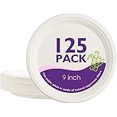 PACKINNO Compostable Paper Plates 9 Inch 125 Pack, Biodegradable Disposable Plates Heavy Duty White Plates, Made of Natural Sugarcane Bagasse, Unbleached Round Dinner Plates