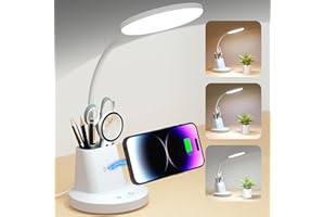 Sailstar Desk Lamp for Home Office, Small Desk Lamp with Wireless Charger & Pen Holder, Cute Desk Lamp LED Dimmable Touch 3 Lighting Modes Memory, Gooseneck White Desk Light for College Dorm Room