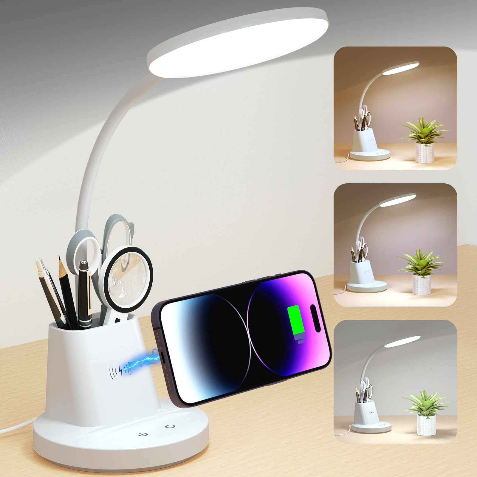 Photo 1 of Sailstar Desk Lamp with Wireless Charger & Pen Holder, LED Dimmable Touch 3 Lighting Modes Memory, Cute Gooseneck White Desk Light for Home Office, College Dorm Room