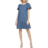 DKNY womens Short Sleeve Ruffled Denim Dress