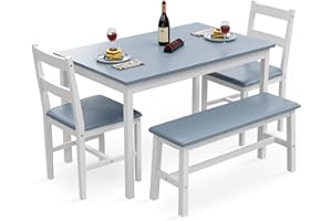 ALOHAPPY Dining Table Set for 4, 4 Piece Kitchen Table with Chairs and Bench, Wood Rectangular Dining Table Set with 2 PU Leather Chair and Bench for Small Spaces, Apartment, Breakfast, Living Room (Blue)