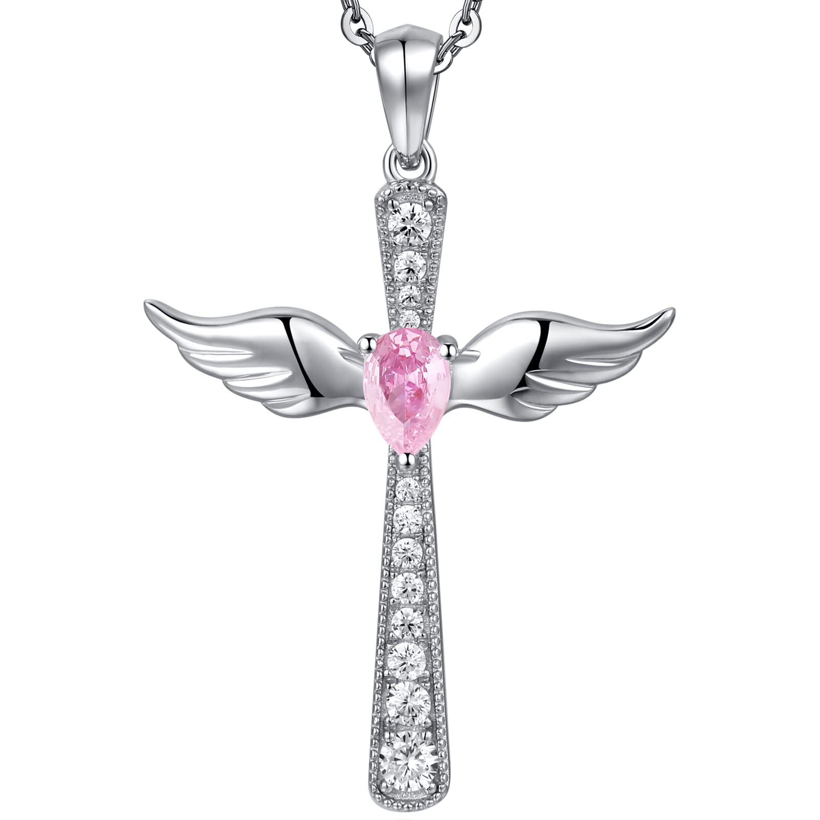 Cross Necklace Womens Cross Necklace Angel Wings Cross Necklace Pink Silver Cross Necklace Cute Silver Cross Wings Necklace Women Girls Cross Angel Wings Necklace,Cross Wings Necklace for Women