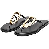 Wnshonzy Flip-Flops for Women Thong Sandals Flat Slip on Slides Beach Comfort Open Square Toe Ladies Slipper Dressy Metal Hardware Decoration Summer Shoes Casual Fashion
