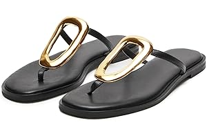 Wnshonzy Flip-Flops for Women Thong Sandals Flat Black Slip on Slides Leather Beach Comfort Open Square Toe Ladies Slipper Dressy Metal Hardware Decoration Summer Shoes Casual Fashion