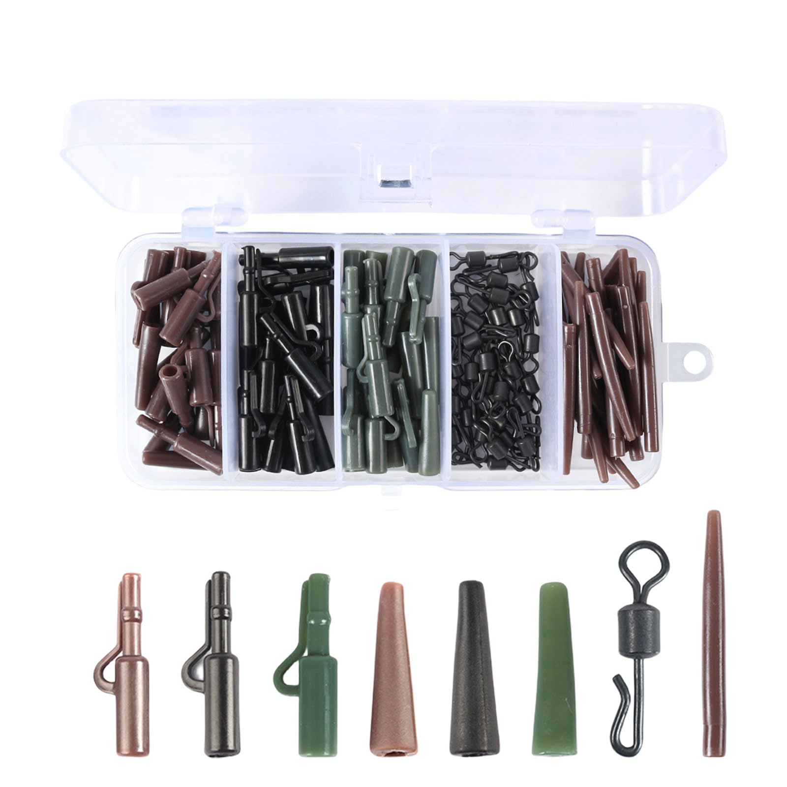 DWE Carp Fishing Accessories, 120 Pcs Anti Tangle Sleeves Tail Rubber Quick Change Swivels Safety Clips Carp Fishing Tackle Kit with Box (Green+Black+Brown)