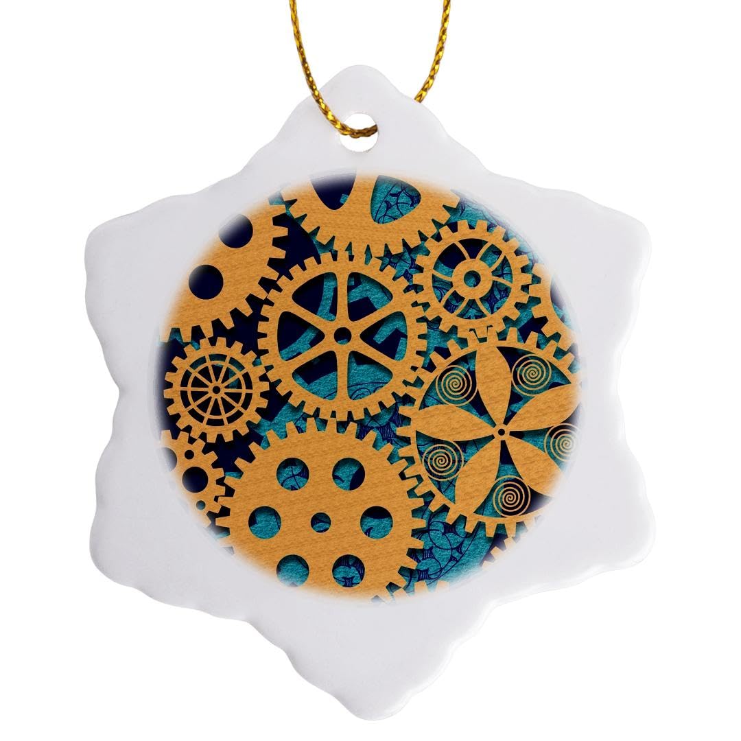 3dRose Gears, Cogs and Wheels Design in Beige and Blue Snowflake Ornament, Porcelain, Multi-Colour, 3-Inch